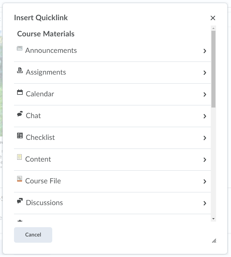 Screenshot of Insert Quicklink pop-up window